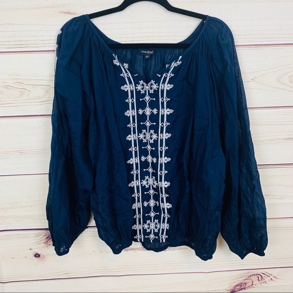 Lucky brand blue boho blouse white embroid… - Picture 2 of 8